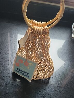 Tommy Bahama beige woven bamboo-handle wristlet